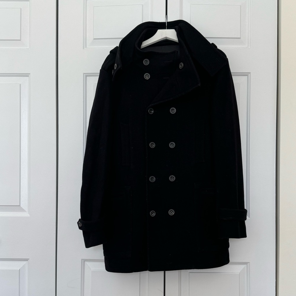 Zara Man Black Double Face Double Breasted Coat with Hood
